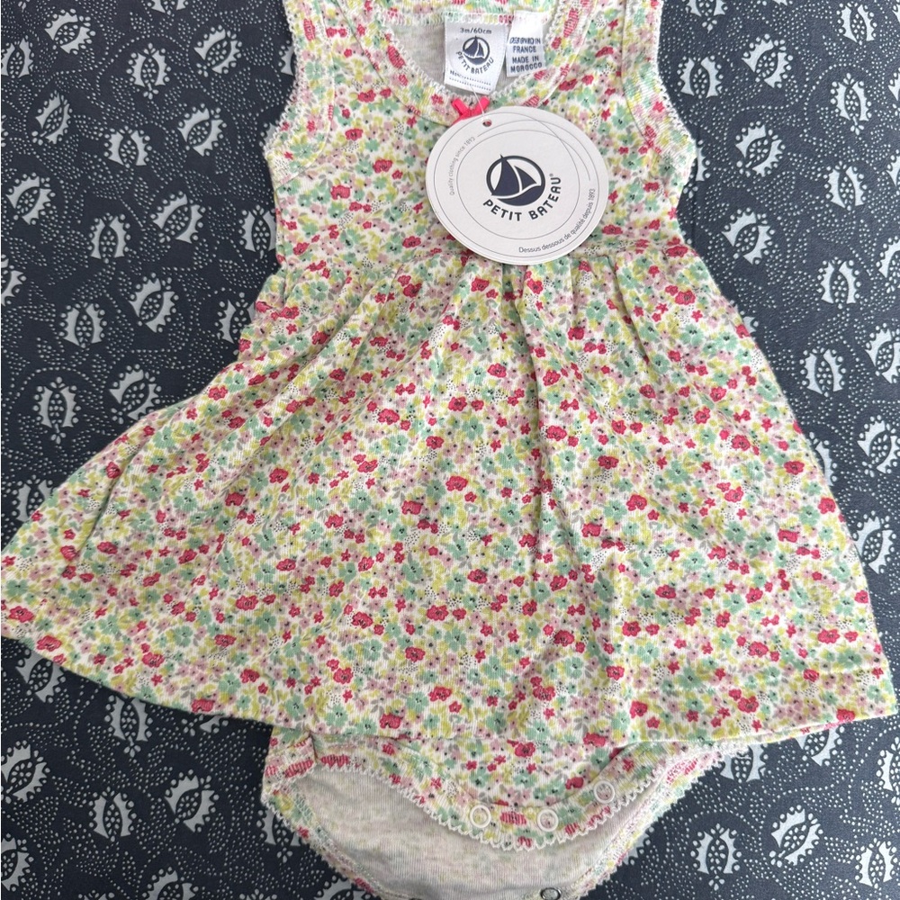 Petit Bateau Floral Baby Dress Bodysuit in Pink, Green, Yellow